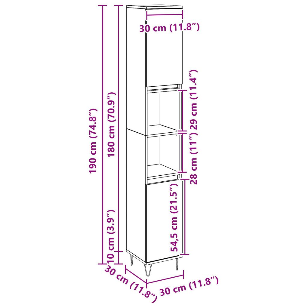 vidaXL Ντουλάπα Μπάνιου Μαύρη Δρυς 30x30x190 εκ Κατασκευασμένο Ξύλο