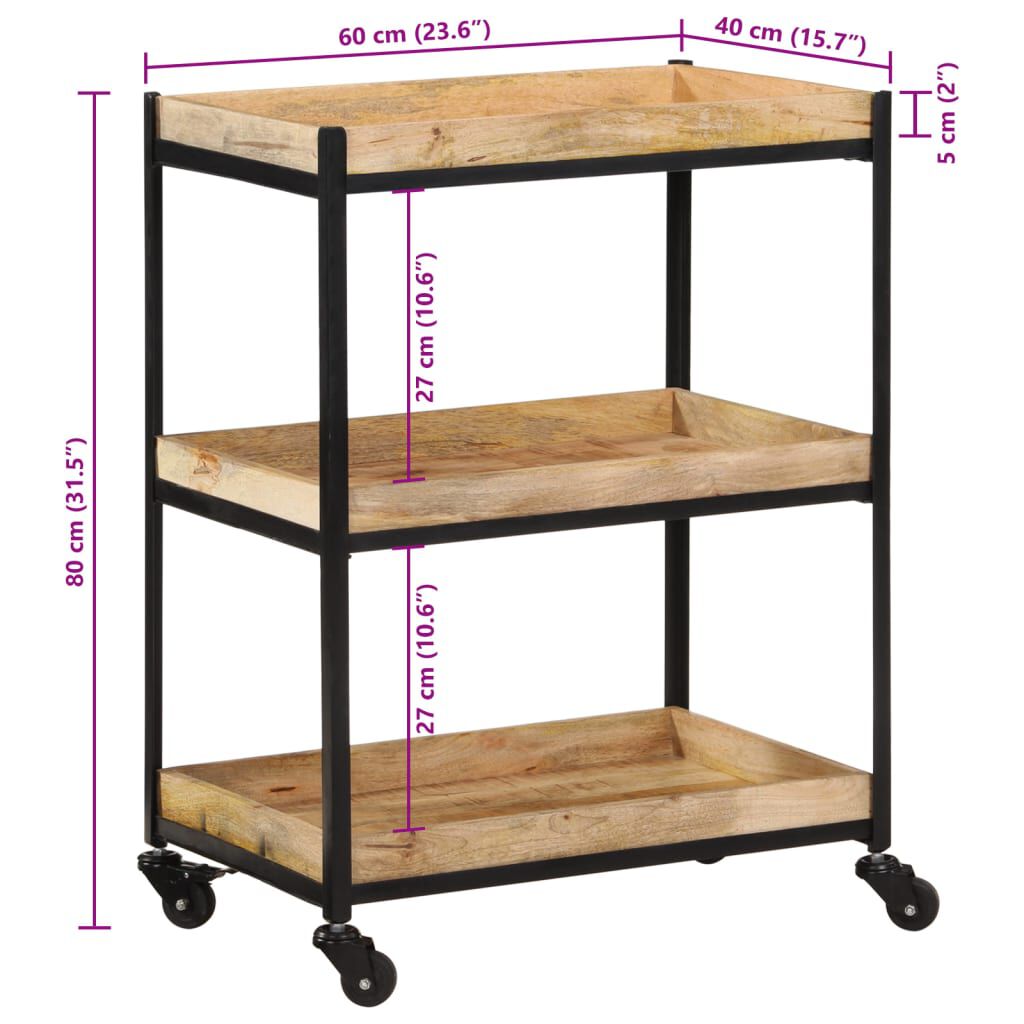 vidaXL Τρόλεϊ Κουζίνας 60x40x80 εκ. Μασίφ Ακατέργαστο Ξύλο Μάνγκο