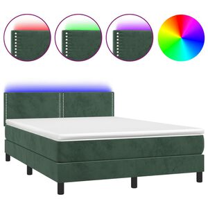 vidaXL Κρεβάτι Boxspring με Στρώμα & LED Σκ. Πράσινο 140x190εκ Βελούδο