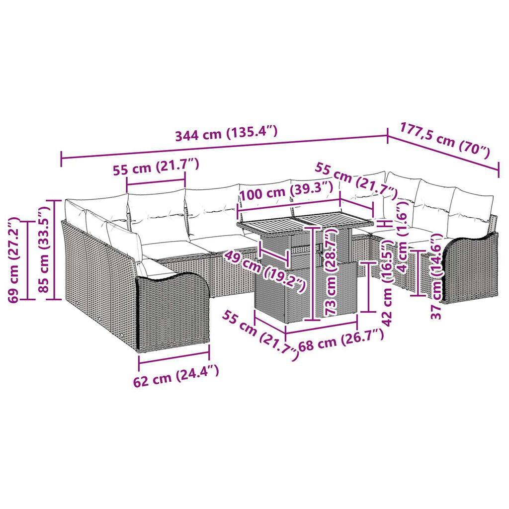 vidaXL Σετ Καναπέ Κήπου με αποθήκευση 11 pcs Μπεζ Πολυ ράταν