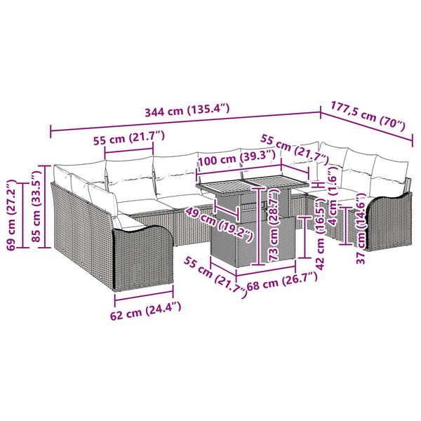 vidaXL Σετ Καναπέ Κήπου με αποθήκευση 11 pcs Μπεζ Πολυ ράταν