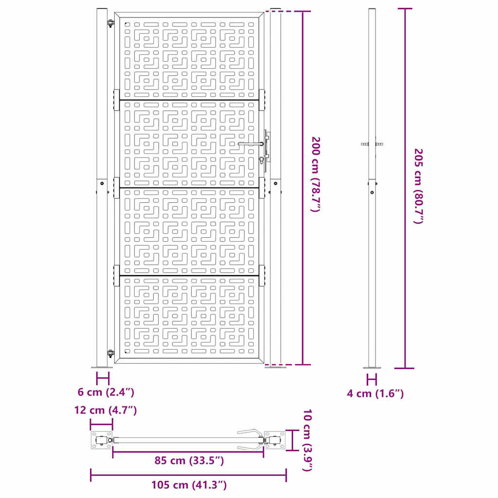 vidaXL Πύλη κήπου Μαύρη 105x205 cm Ατσάλινος Σταυρός Σχεδιασμός