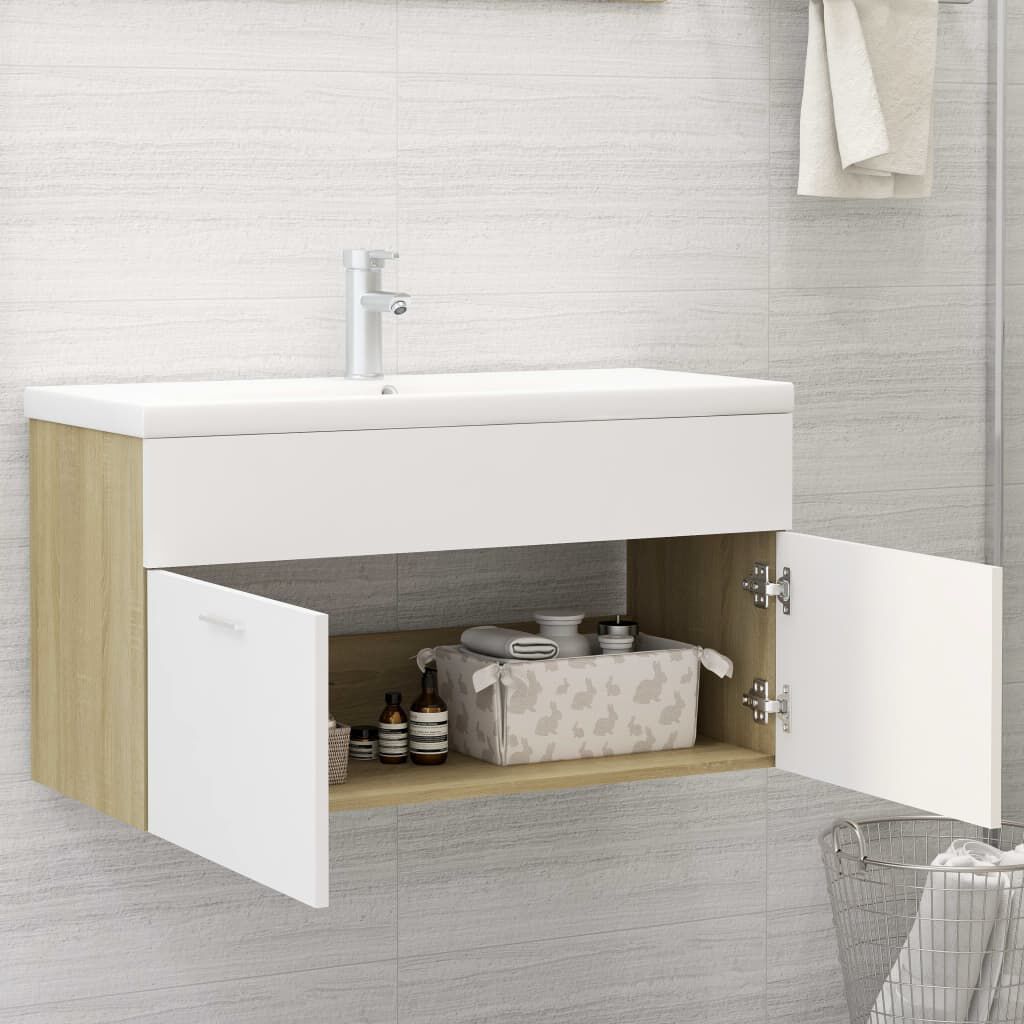 vidaXL Ντουλάπι Νιπτήρα Λευκό/Sonoma Δρυς 90x38,5x46εκ. από Επεξ. Ξύλο