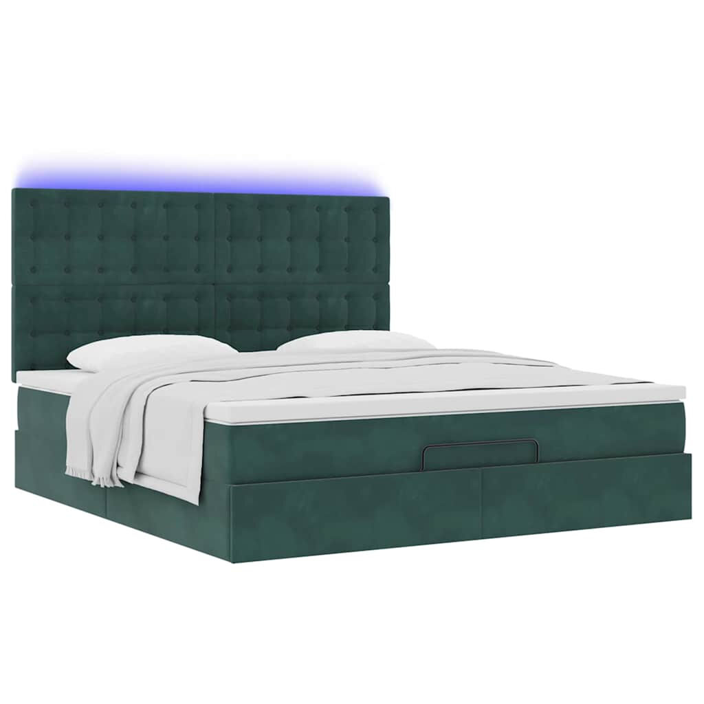 vidaXL Οθωμανικό κρεβάτι με στρώματα & LEDs Σκούρο πράσινο Βελούδο