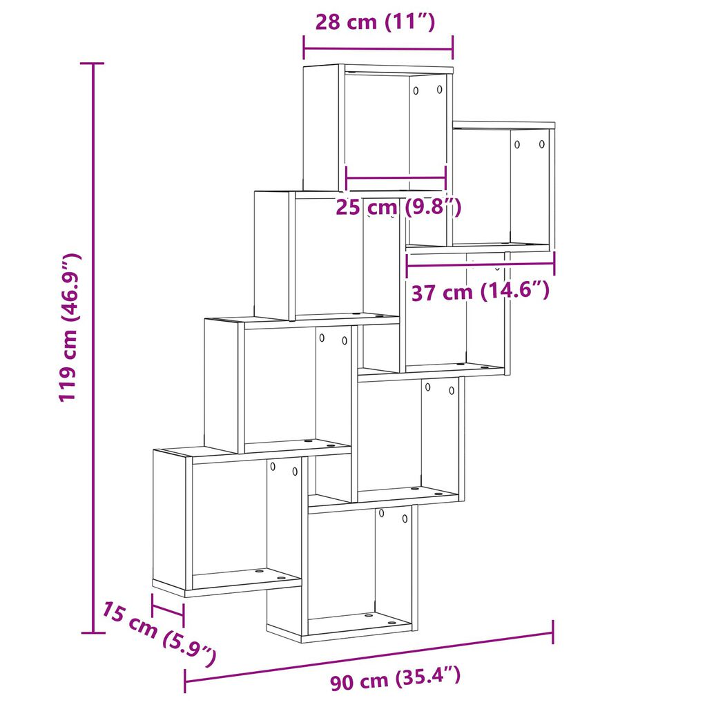vidaXL Ράφι Τοίχου Μαύρη δρυς 90 x 15 x 119.5 εκ Επεξεργασμένο ξύλο