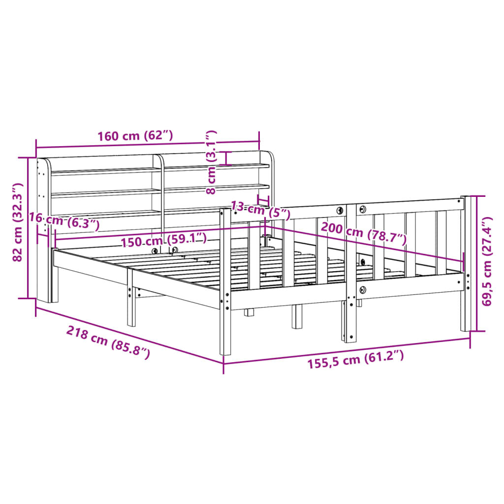 vidaXL Πλαίσιο Κρεβατιού με Κεφαλάρι Μελί 150x200εκ. Μασίφ Ξύλο Πεύκου