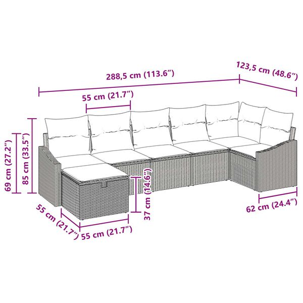 vidaXL Σετ Καναπέ Κήπου με μαξιλάρι 7 pcs Μπεζ Πολυ ράταν