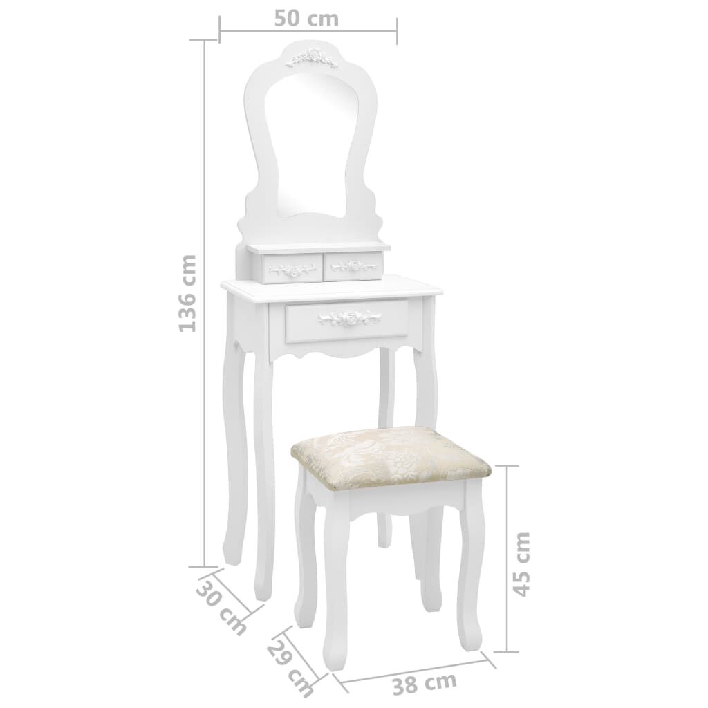 vidaXL Μπουντουάρ με Σκαμπό Λευκό 50 x 59 x 136 εκ. Ξύλο Παυλώνιας