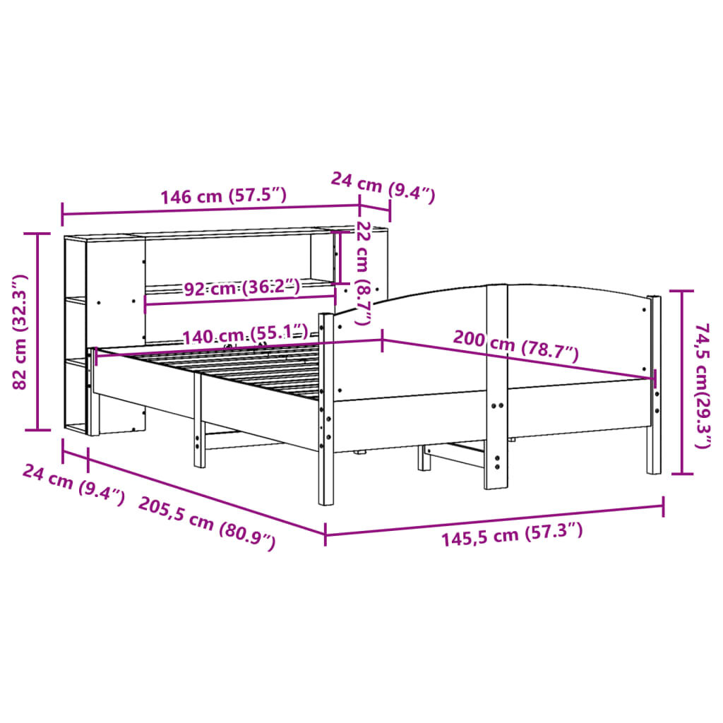 vidaXL Κρεβάτι Βιβλιοθήκη Χωρίς Στρώμα 140x200 εκ Μασίφ Ξύλο Πεύκο