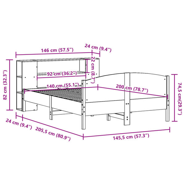 vidaXL Κρεβάτι Βιβλιοθήκη Χωρίς Στρώμα 140x200 εκ Μασίφ Ξύλο Πεύκο