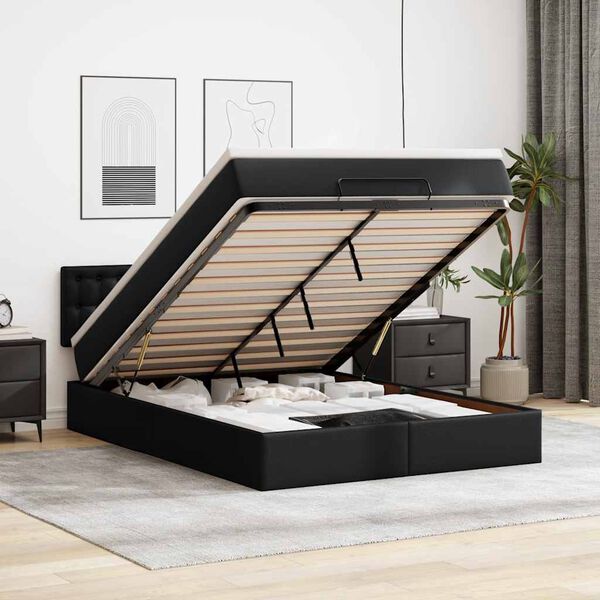 vidaXL Οθωμανικό κρεβάτι με στρώμα Μαύρο 140x200cm Faux Leather