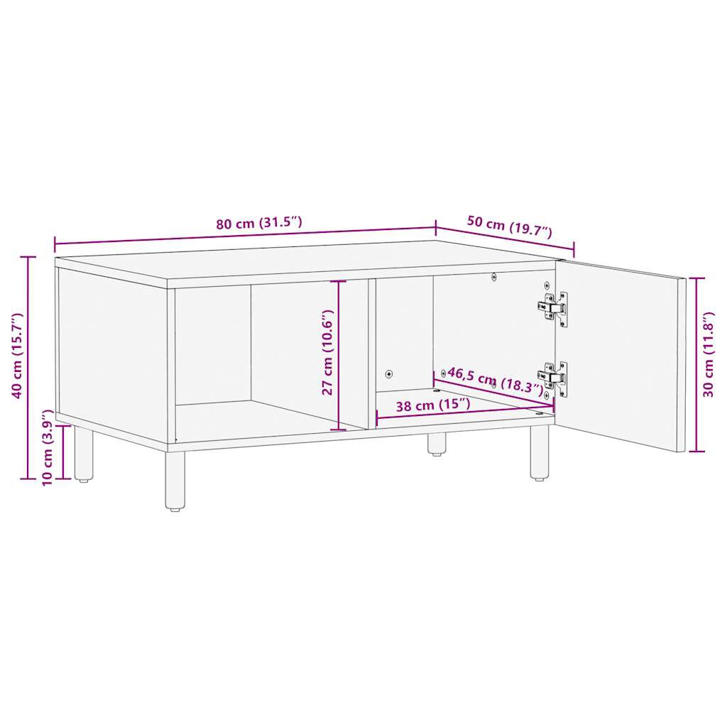 vidaXL Τραπεζάκι Σαλονιού Μαύρο 80x50x40 cm Μασίφ τραχύ ξύλο Μάνγκο
