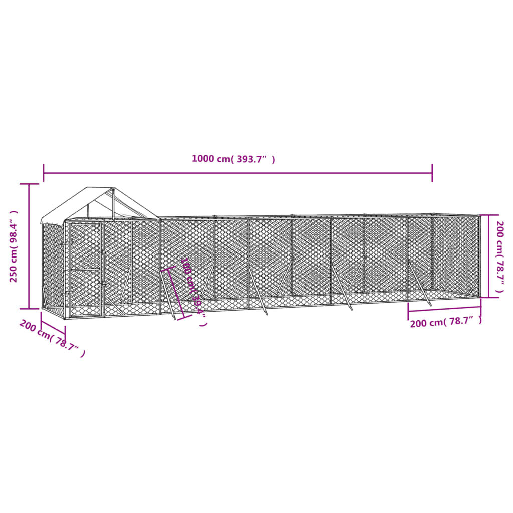 vidaXL Κλουβί Σκύλου Εξ. Χώρου με Οροφή Ασημί 10x2x2,5 μ. Γαλβ. Ατσάλι