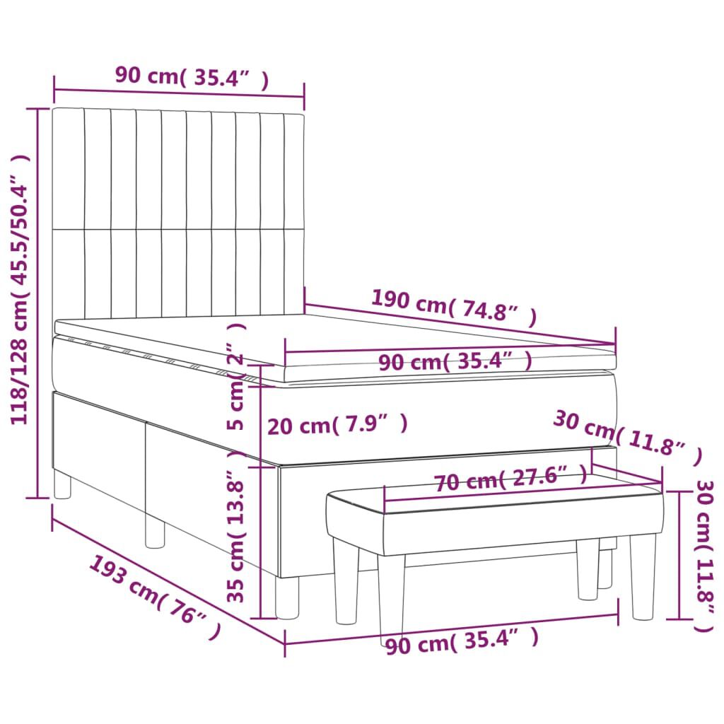 vidaXL Κρεβάτι Boxspring με Στρώμα Μαύρο 90x190 εκ.Υφασμάτινο