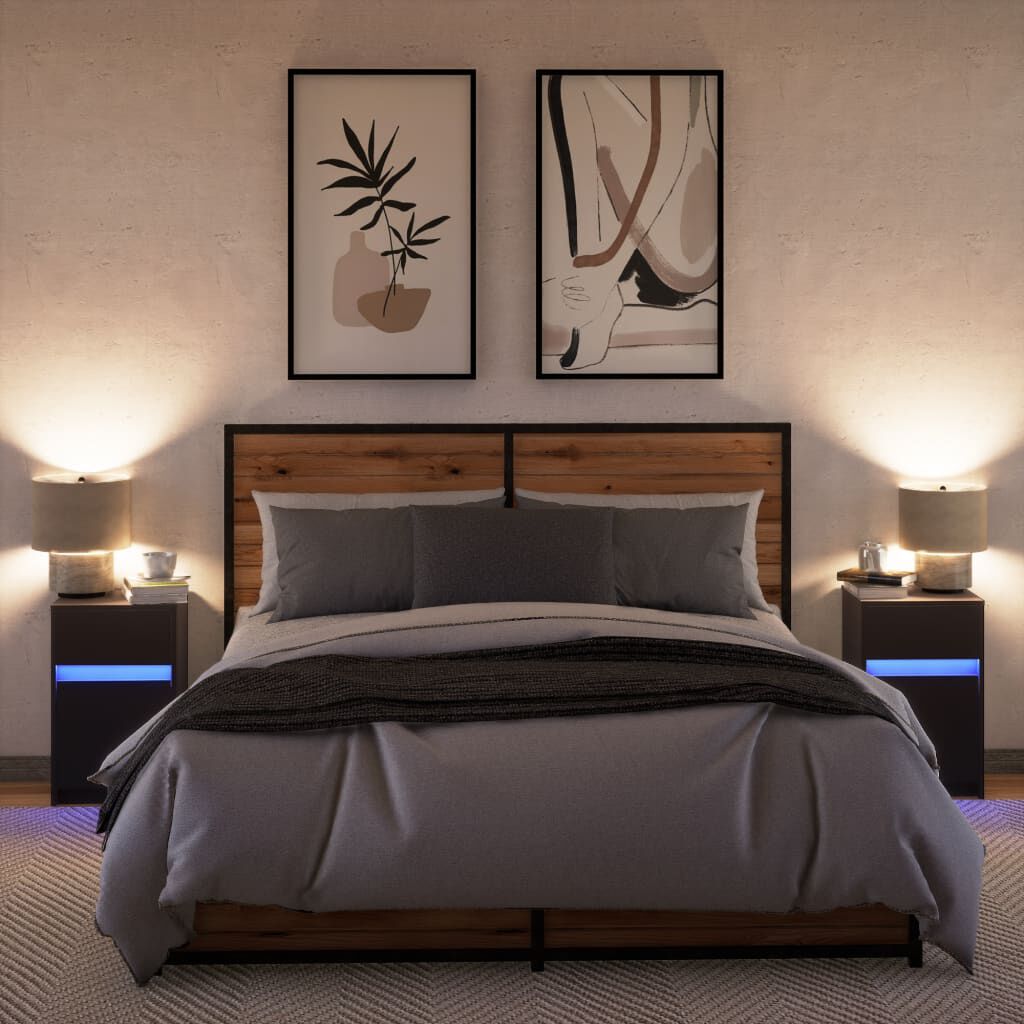 vidaXL Κομοδίνα με Φώτα LED 2 τεμ. Μαύρα από Επεξεργασμένο Ξύλο
