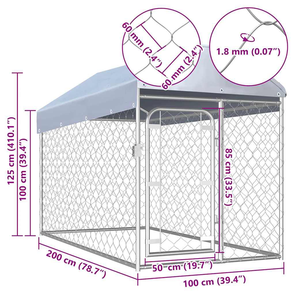 vidaXL Κλουβί Σκύλου Εξωτερικού Χώρου 200 x 100 x 125 εκ. με Στέγαστρο
