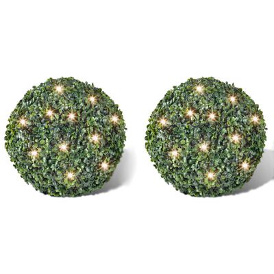 Πυξάρι Σχήμα Μπάλας με Τεχνητά Φύλλα & Φωτάκια LED Ηλιακά 2 τεμ 35 εκ.