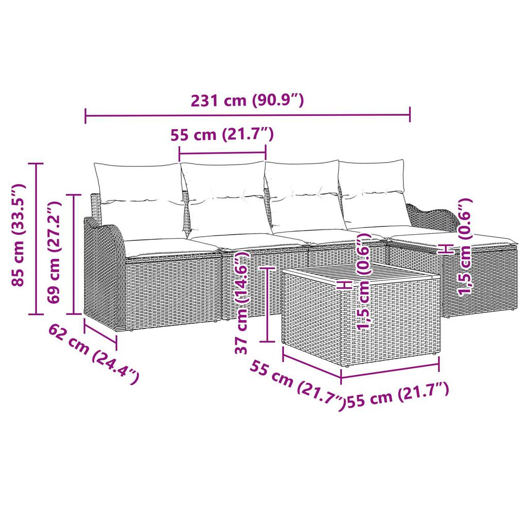 vidaXL Σετ Καναπέ Κήπου 6 pcs Μαύρο Πολυ ράταν