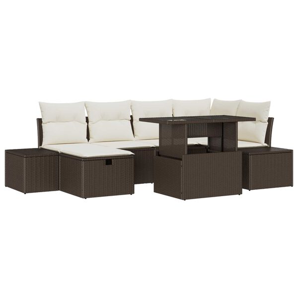 vidaXL Σετ Καναπέ Κήπου με μαξιλάρι 7 pcs Καφέ Πολυ ράταν