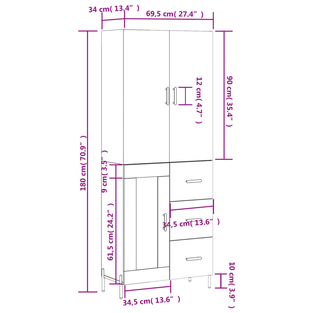 vidaXL Ντουλάπι Λευκό 69,5x34x180 εκ. από Επεξεργασμένο Ξύλο