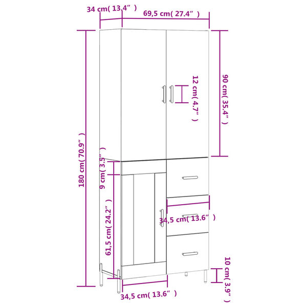 vidaXL Ντουλάπι Λευκό 69,5x34x180 εκ. από Επεξεργασμένο Ξύλο