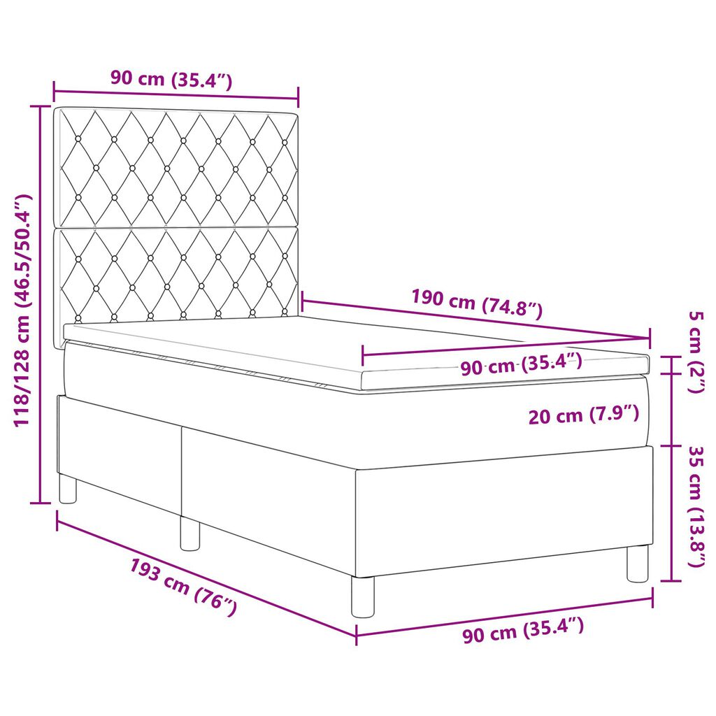 vidaXL κρεβάτι Box Spring με στρώμα και LED Σκούρο Πράσινο 90x190 εκ Βελούδο