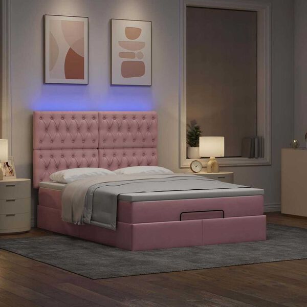 vidaXL Οθωμανικό κρεβάτι με στρώματα & LEDs Ροζ 140x200cm Βελούδο