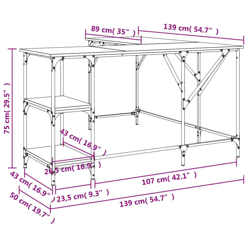 vidaXL Γραφείο Γκρι Sonoma 139x139x75 εκ. από Επεξεργασμένο Ξύλο