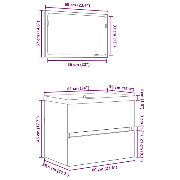 vidaXL Σετ Επίπλων Μπάνιου 3 pcs Παλιό ξύλο 60 x 38.5 x 45 cm