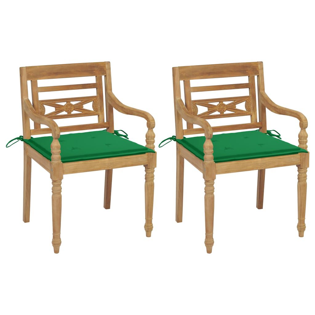 vidaXL Καρέκλες Batavia 2 τεμ. από Μασίφ Ξύλο Teak & Πράσινα Μαξιλάρια