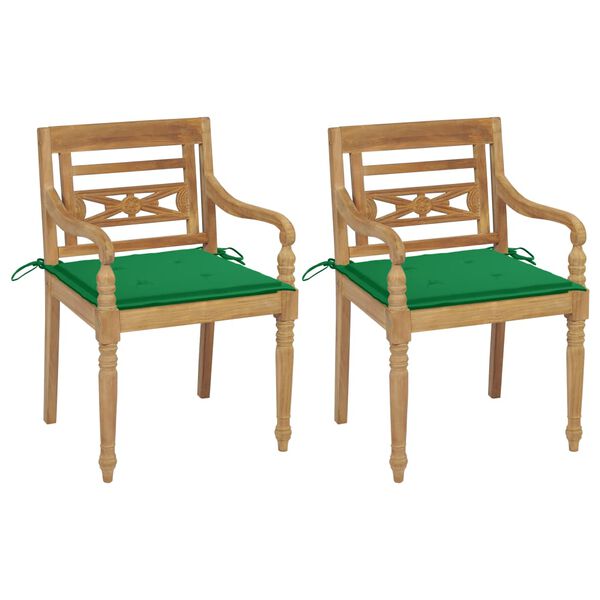 vidaXL Καρέκλες Batavia 2 τεμ. από Μασίφ Ξύλο Teak & Πράσινα Μαξιλάρια