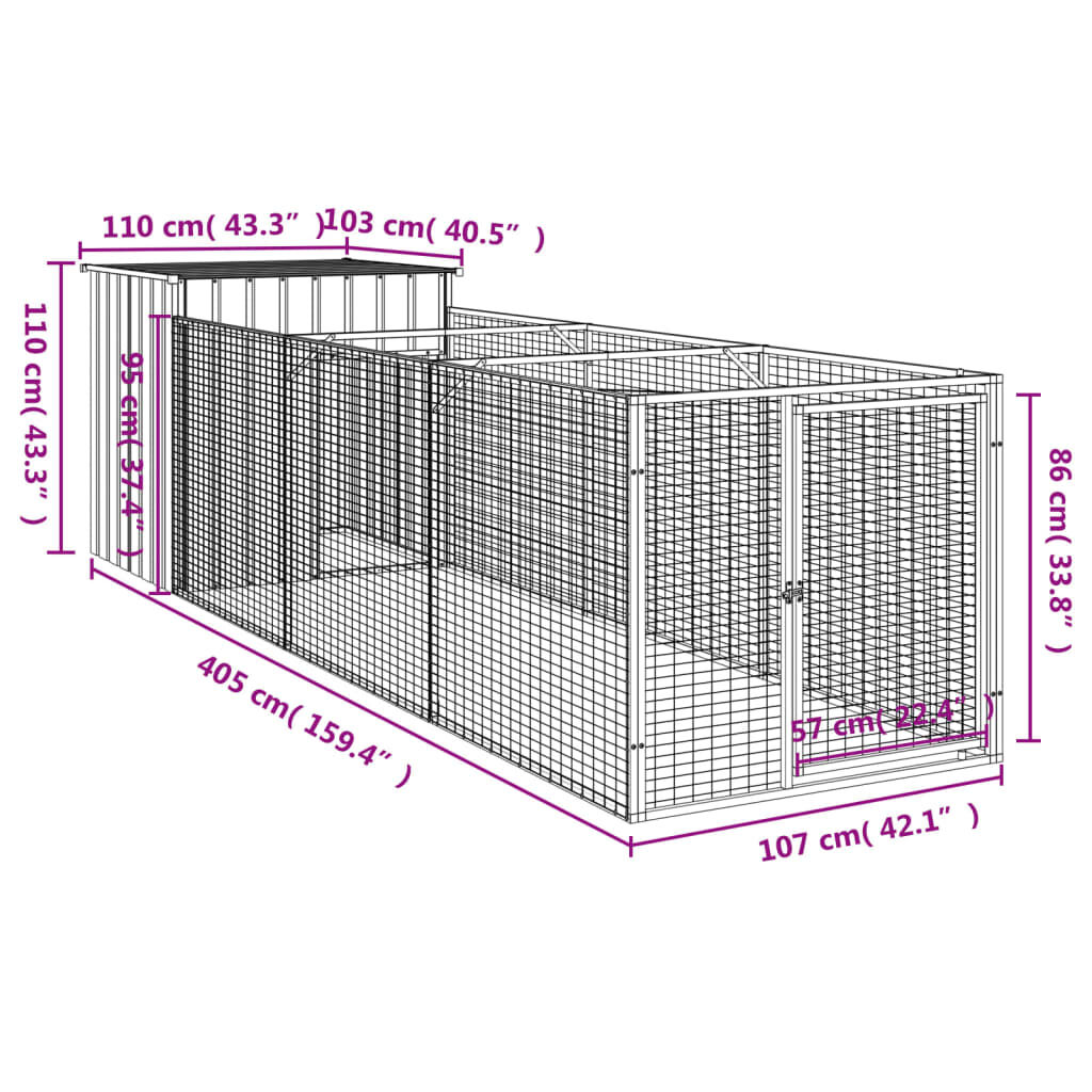 vidaXL Σπιτάκι Σκύλου με Αυλή Αν. Γκρι 110x405x110 εκ. Γαλβαν. Χάλυβας