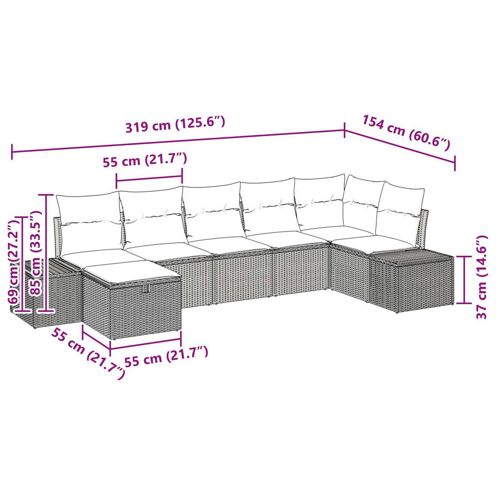 vidaXL Σετ Καναπέ Κήπου με μαξιλάρι 7 pcs Μπεζ Πολυ ράταν