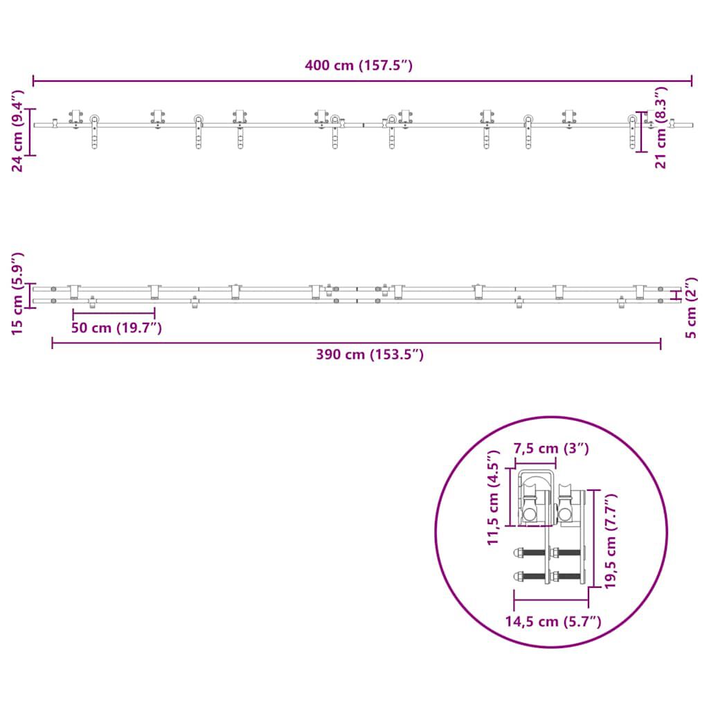 vidaXL Μηχανισμός Συρόμενης Μεσόπορτας Ασημί 400 εκ. Ανοξείδωτο Ατσάλι