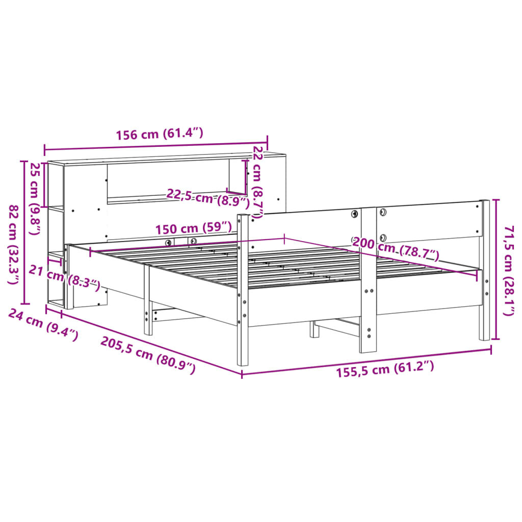 vidaXL Κρεβάτι Βιβλιοθήκη Χωρίς Στρώμα 150x200 εκ Μασίφ Ξύλο Πεύκου