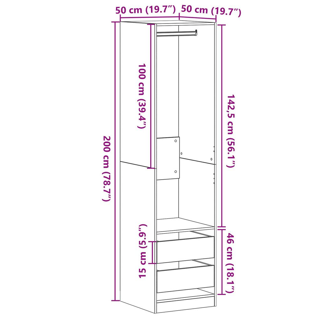vidaXL Ντουλάπα Μαύρη Δρυς 50x50x200 εκ από Επεξεργασμένο Ξύλο
