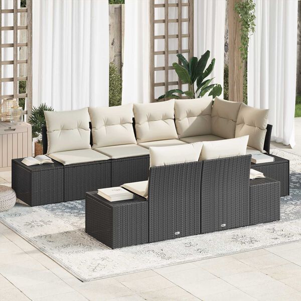 vidaXL Σετ Καναπέ Κήπου με μαξιλάρι 7 pcs Μαύρο και κρεμ Πολυ ράταν
