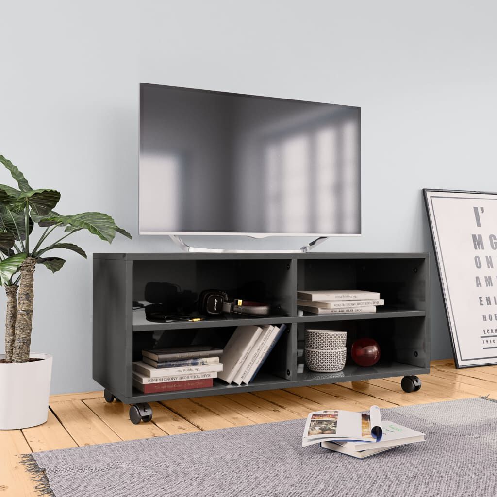 vidaXL Έπιπλο TV με Ρόδες Γυαλιστερό Γκρι 90x35x35 εκ. Μοριοσανίδα