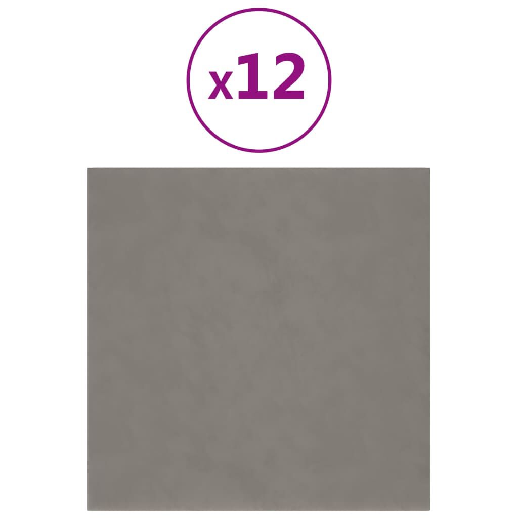 vidaXL Πάνελ Τοίχου 12 τεμ. Ανοιχτό Γκρι 30x30 εκ. 1,08 μ² Βελούδο