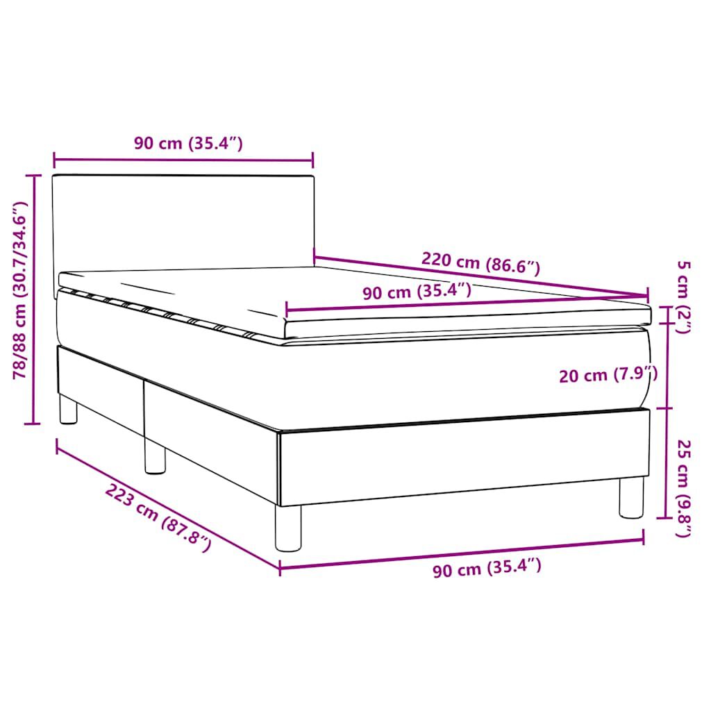 vidaXL Κρεβάτι Boxspring με Στρώμα Μαύρο 90x220 εκ. Βελούδινο