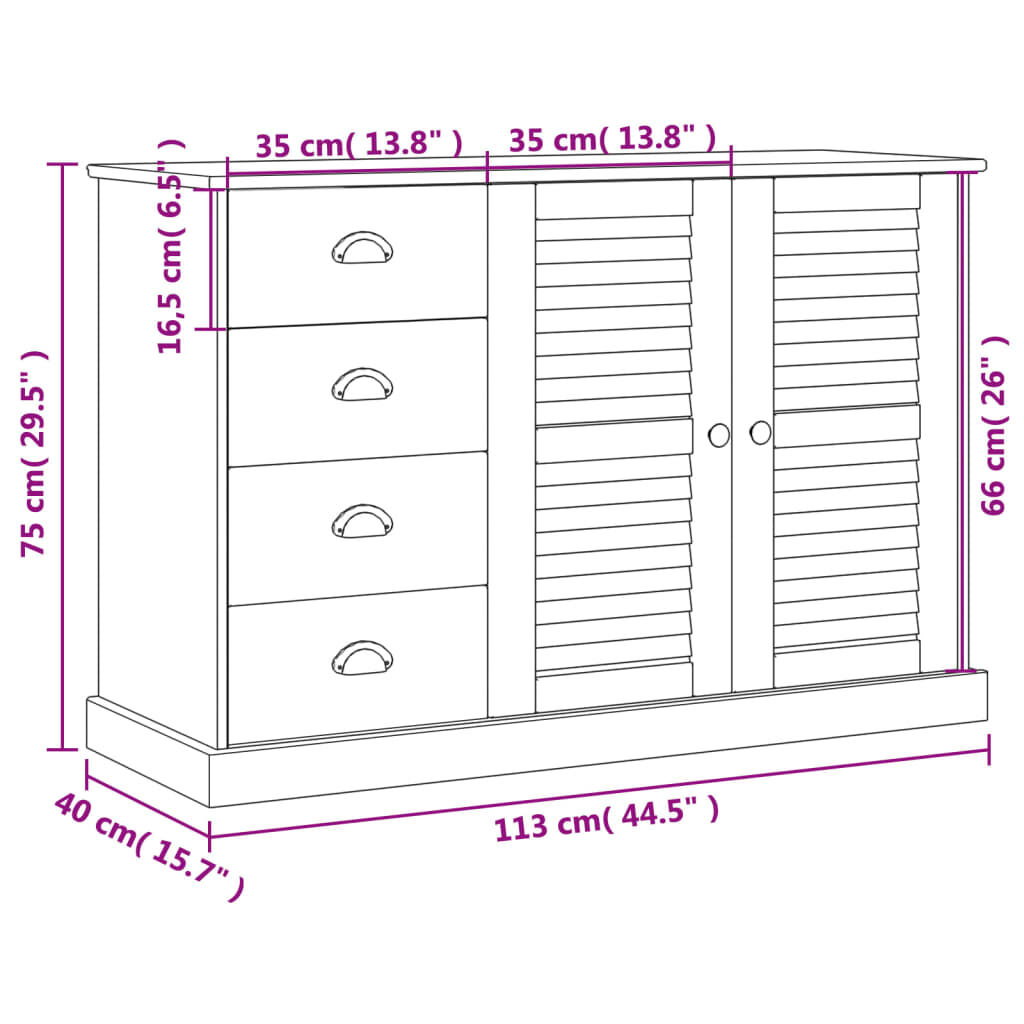 vidaXL Μπουφές με Συρτάρια VIGO Λευκό 113x40x75 εκ. Μασίφ Ξύλο Πεύκου