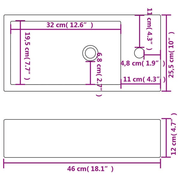 vidaXL Νιπτήρας Ορθογώνιος Οπή Βρύσης Λευκός 46x25,5x12 εκ. Κεραμικός