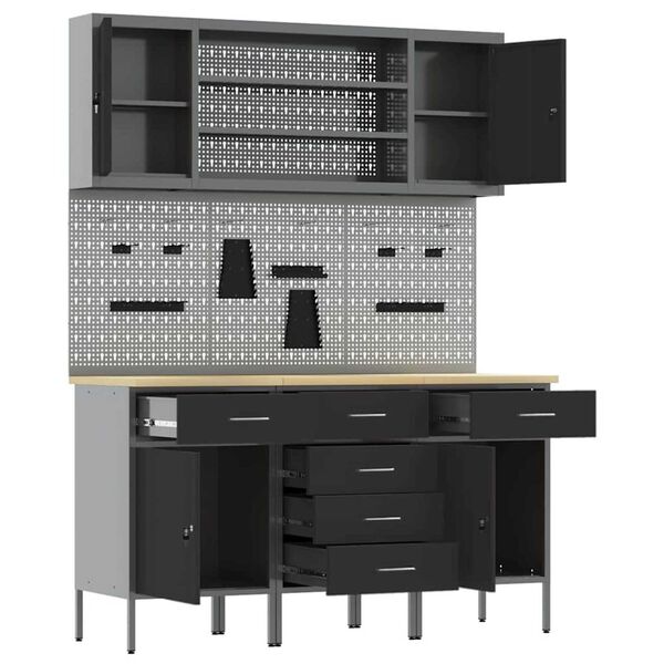 vidaXL Πάγκος εργασίας με συρτάρι 7 pcs Μαύρο 150 x 55 x 200 εκ Ατσάλι