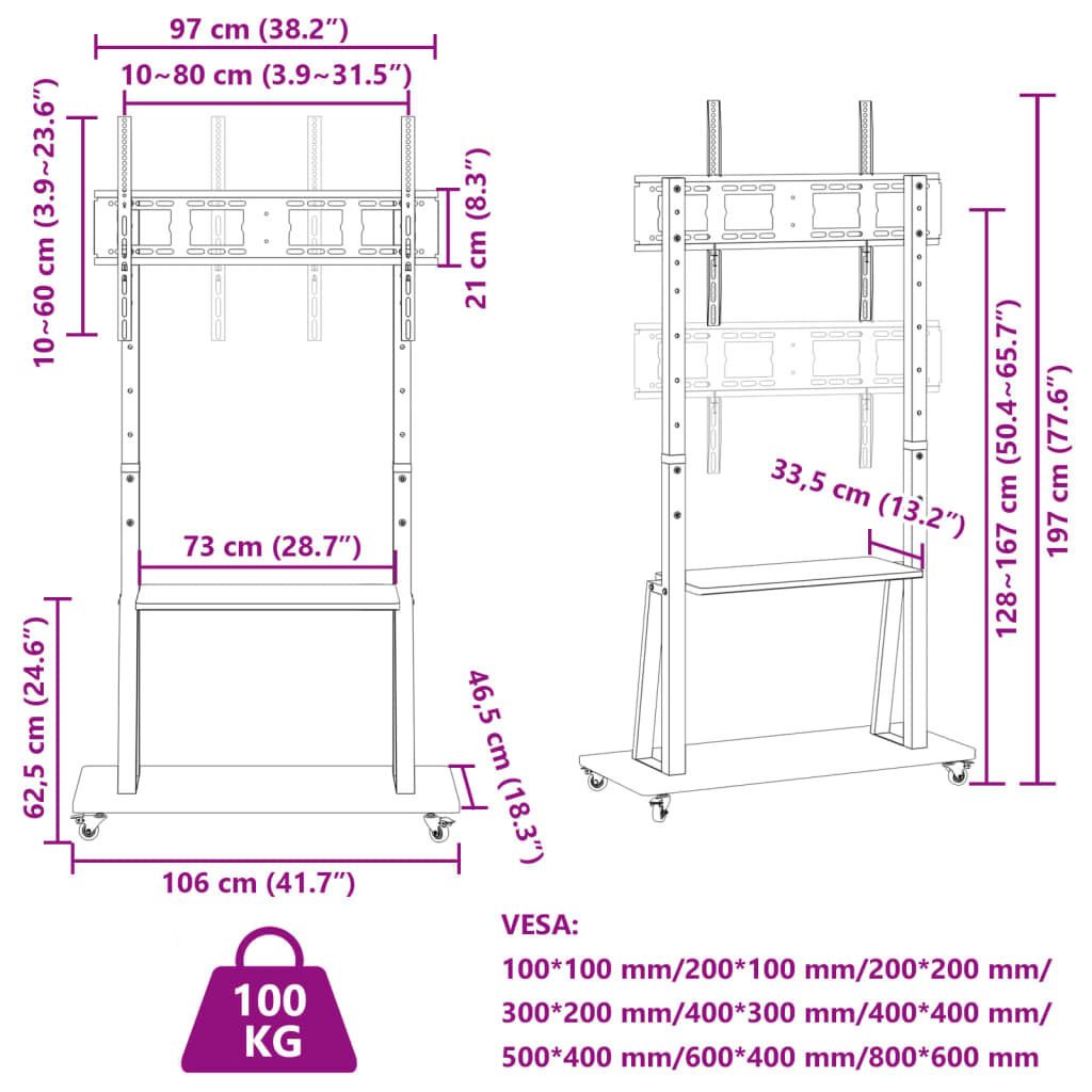 vidaXL Βάση Τηλεόρασης με Τροχούς 32-90Ιν. Max VESA 800x600χιλ. 100κ.