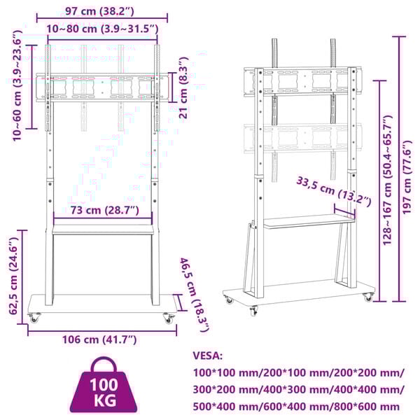 vidaXL Βάση Τηλεόρασης με Τροχούς 32-90Ιν. Max VESA 800x600χιλ. 100κ.