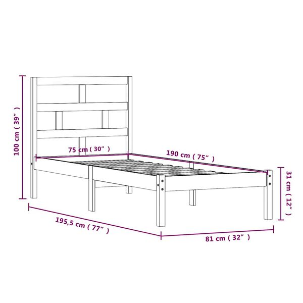 vidaXL Πλαίσιο Κρεβατιού 75 x 190 εκ. από Μασίφ Ξύλο Small Single