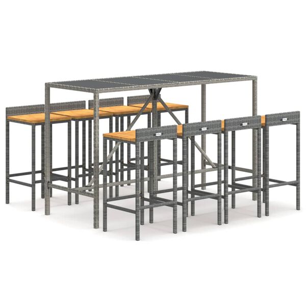 vidaXL Σετ Μπαρ Κήπου 9 Τεμαχίων Γκρι Συνθ. Ρατάν & Μασίφ Ξύλο Ακακίας