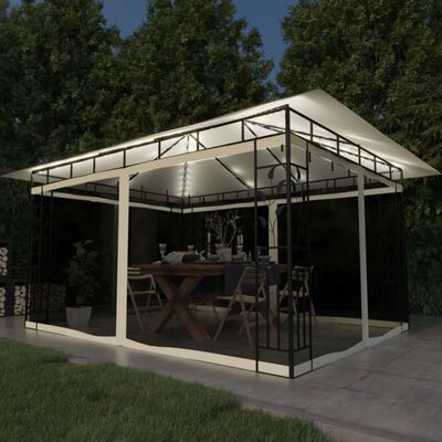 vidaXL Κιόσκι με Σήτα και Φωτάκια LED Κρεμ 4 x 3 x 2,73 μ.