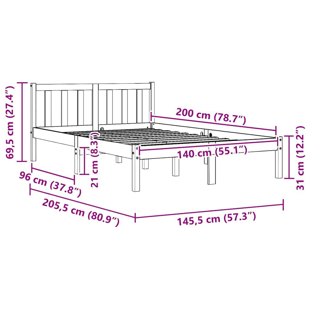 vidaXL Σκελετός Κρεβατιού Χωρίς Στρώμα Καφέ 140x200 Μασίφ Ξύλο Πεύκου