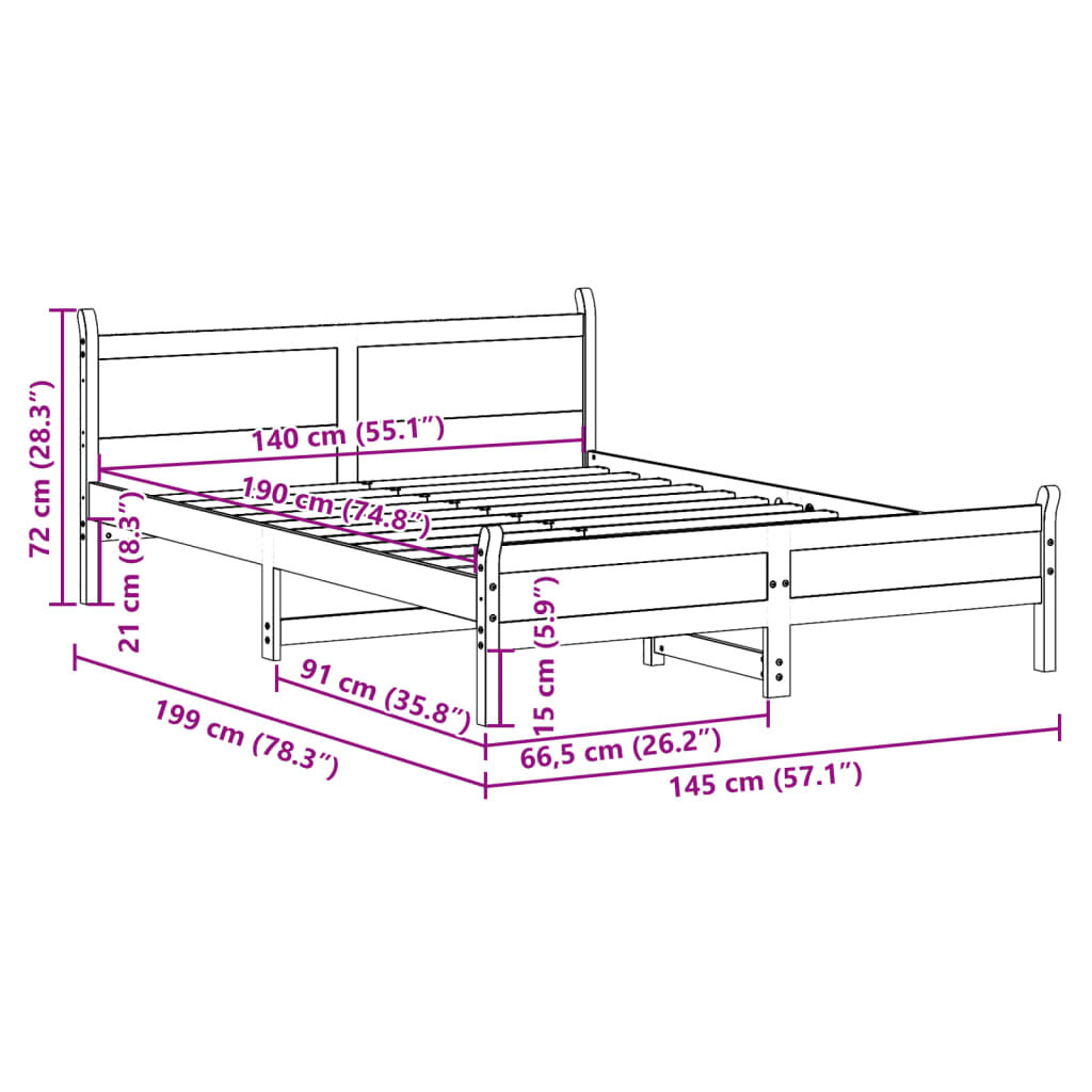 vidaXL Σκελετός Κρεβατιού Χωρίς Στρώμα Καφέ 140x190 Μασίφ Ξύλο Πεύκου